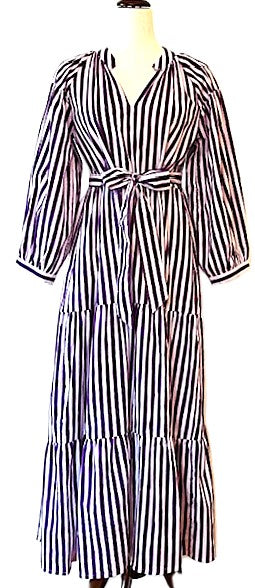 Striped Cotton Handblock Midi Dress (Purple White Stripe)