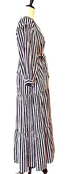 Striped Cotton Handblock Midi Dress (Purple White Stripe)