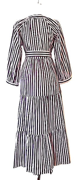 Striped Cotton Handblock Midi Dress (Purple White Stripe)
