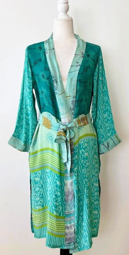 Luxury Rich Silk Print Kimono Duster Dress is Elegant (Aqua)