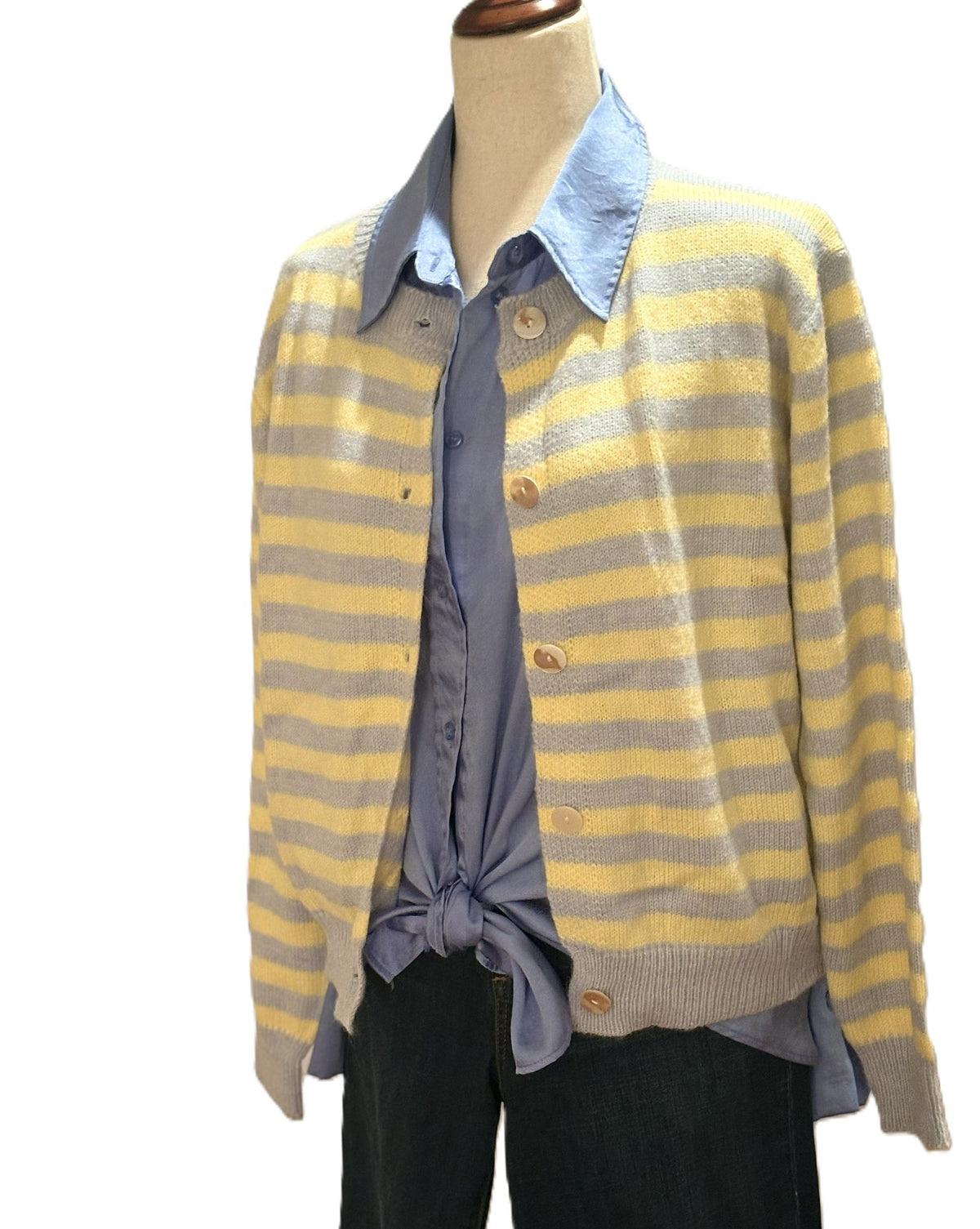 Top, Slouchy Colorblock Hollow Stripe Button Knit Cardigan