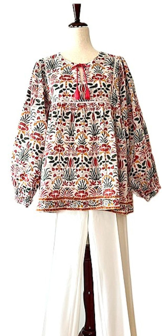 Block Printed Bohemian Summer Top . Updated. Embroidered By Hand.