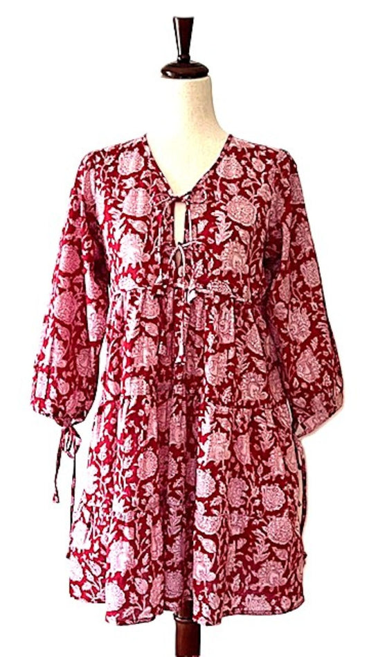 Floral Block Print Mini Maxi Dress Looks Crisp in Shades of Red and Pink