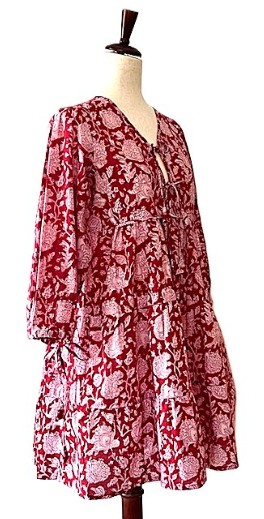 Floral Block Print Mini Maxi Dress Looks Crisp in Shades of Red and Pink