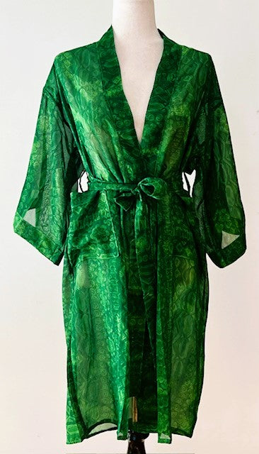 The Accessory In Demand, Light Weight Short Silk Kimono Duster. Emerald