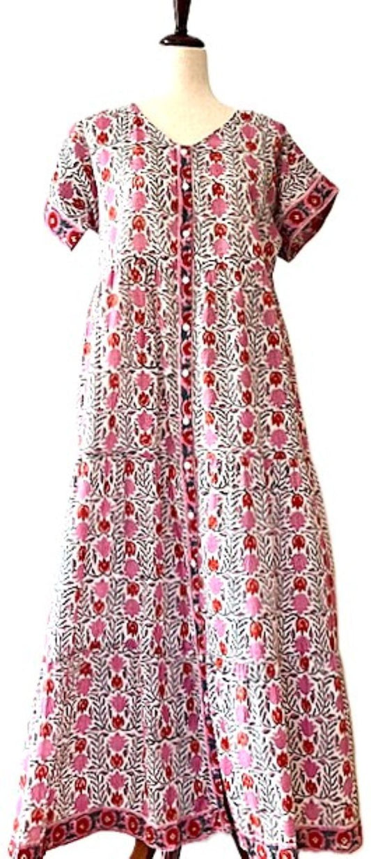 Cotton Block Print Maxi Dress Is Classic and Appealing In A Wallpaper Print. (Pink)
