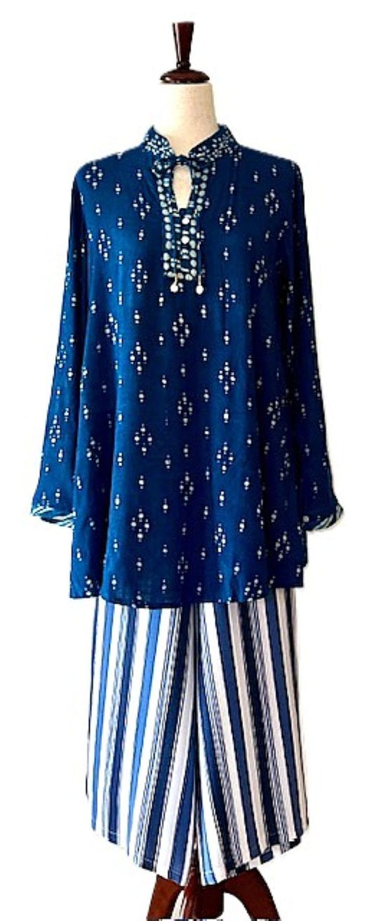 Standout Tunic Top With Detailed Bordered Placket Handmade. (Indigo)