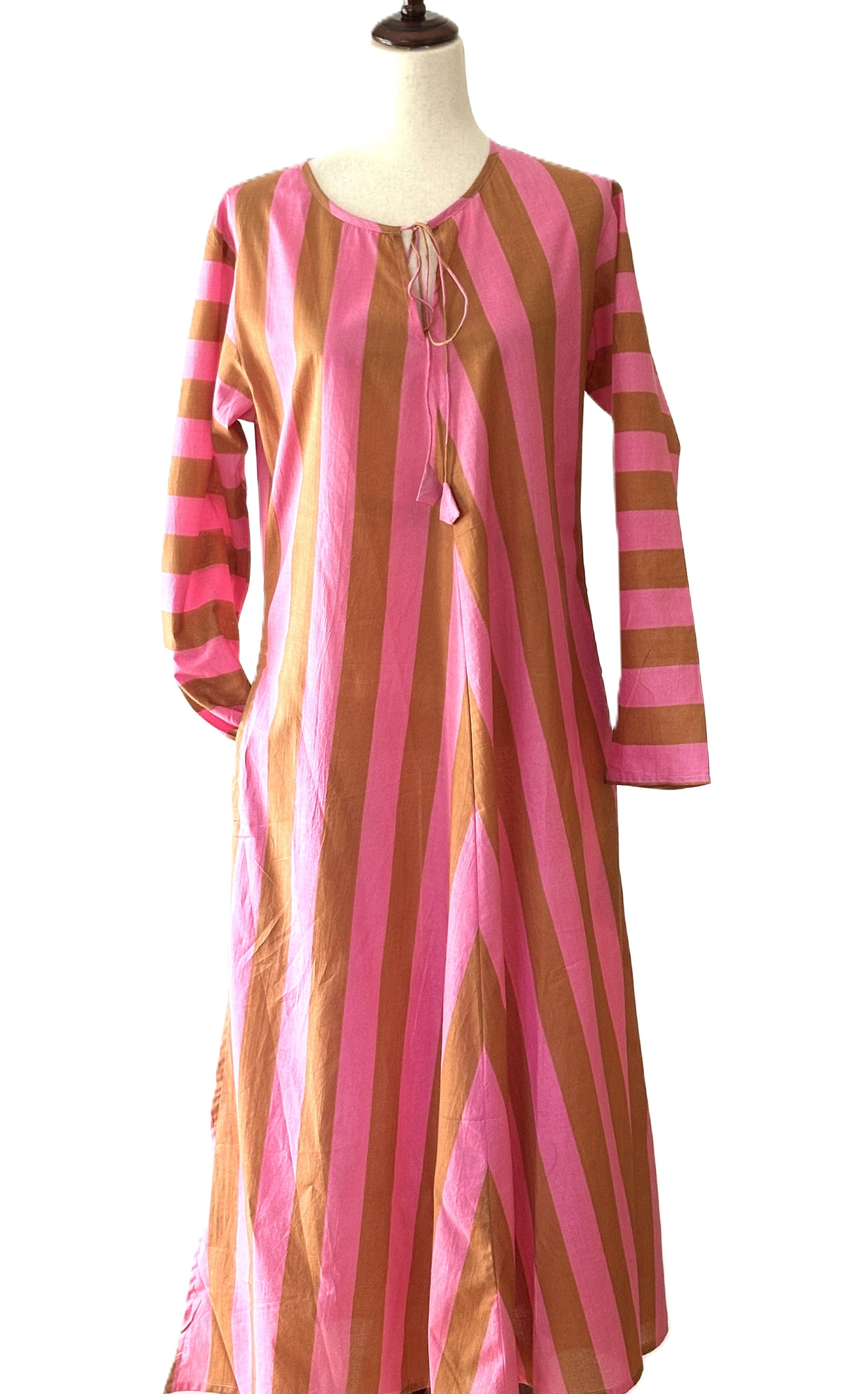 Dresses: Long Cotton Block Print Stripe Is A Tailored Classic (Pink Gold)