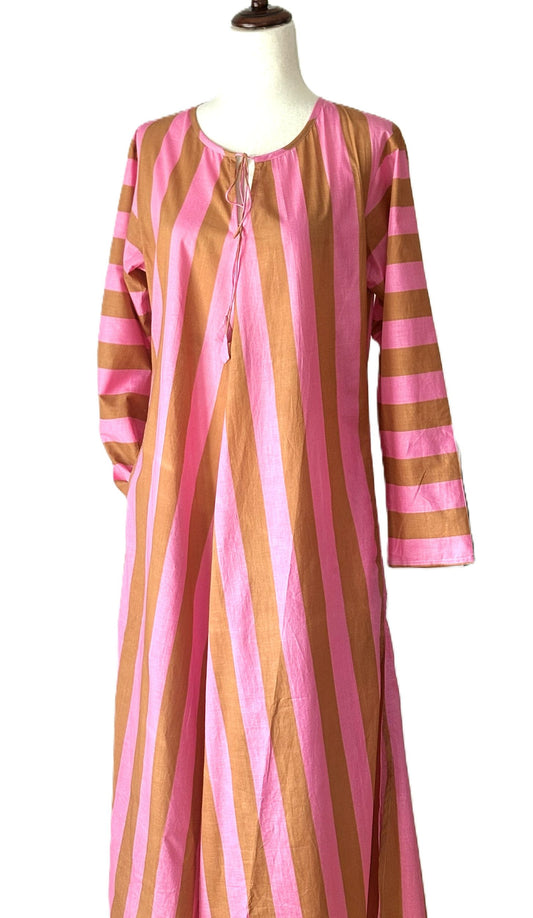Dresses: Long Cotton Block Print Stripe Is A Tailored Classic (Pink Gold)