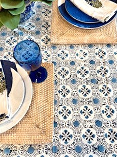 Table, Handmade Block Print Cotton Tablecloth: Geometric Navy & White Print (60x90)