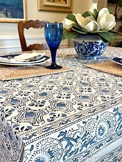 Table, Handmade Block Print Cotton Tablecloth: Geometric Navy & White Print (60x90)