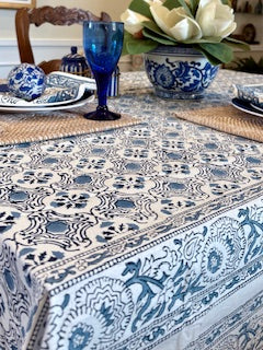 Table, Handmade Block Print Cotton Tablecloth: Geometric Navy & White Print (60x90)