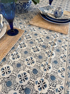 Table, Handmade Block Print Cotton Tablecloth: Geometric Navy & White Print (60x90)