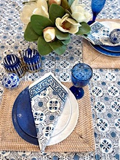 Table, Handmade Block Print Cotton Tablecloth: Geometric Navy & White Print (60x90)