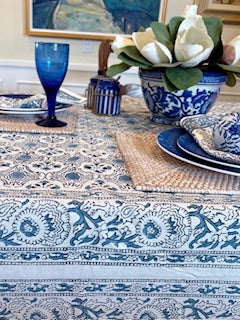 Table, Handmade Block Print Cotton Tablecloth: Geometric Navy & White Print (60x90)