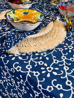 Table, Indigo Hand Blocked Geometric Table Cloth and Napkins