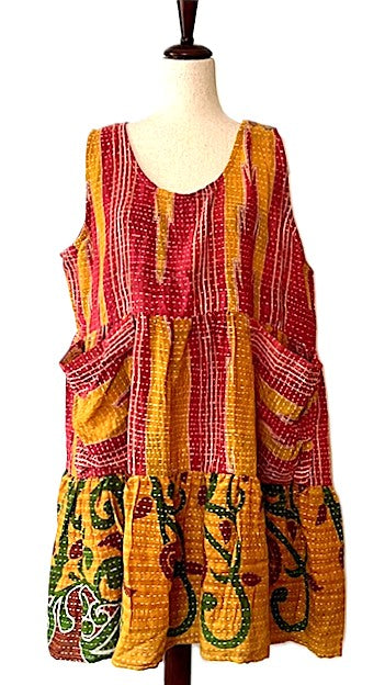 Kantha Bae Quilted Meadow Mini Dress. Comfortable Chic (Red, Green)