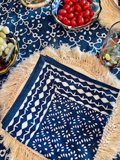 Table, Indigo Hand Blocked Geometric Table Cloth and Napkins