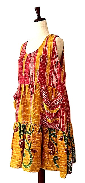 Kantha Bae Quilted Meadow Mini Dress. Comfortable Chic (Red, Green)