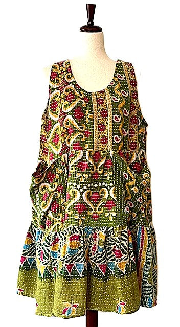 Kantha Bae Quilted Meadow Mini Dress. Comfortable Chic (Olive).