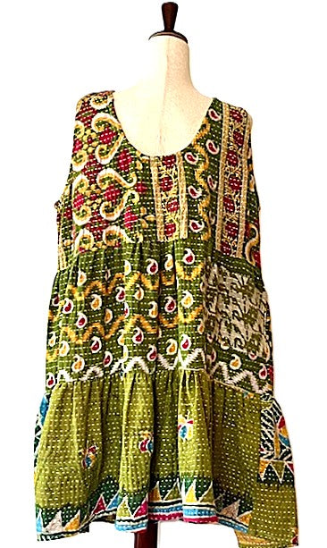 Kantha Bae Quilted Meadow Mini Dress. Comfortable Chic (Olive).