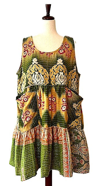 Kantha Bae Quilted Meadow Mini Dress. Comfortable Chic (Green Gold)