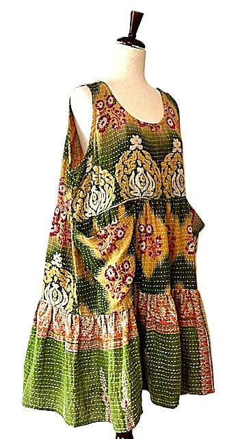 Kantha Bae Quilted Meadow Mini Dress. Comfortable Chic (Green Gold)