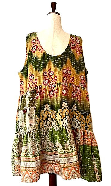 Kantha Bae Quilted Meadow Mini Dress. Comfortable Chic (Green Gold)