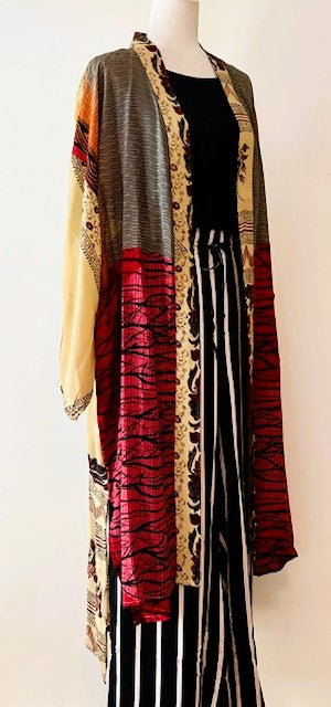 Top of the Line Silk Kimono Duster, Abstract Mixed Print (Cream and Black)