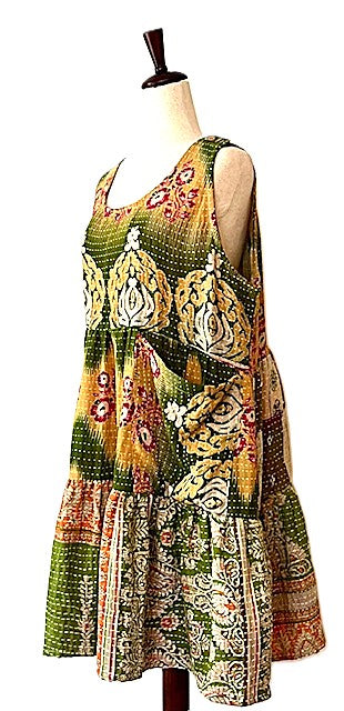 Kantha Bae Quilted Meadow Mini Dress. Comfortable Chic (Green Gold)