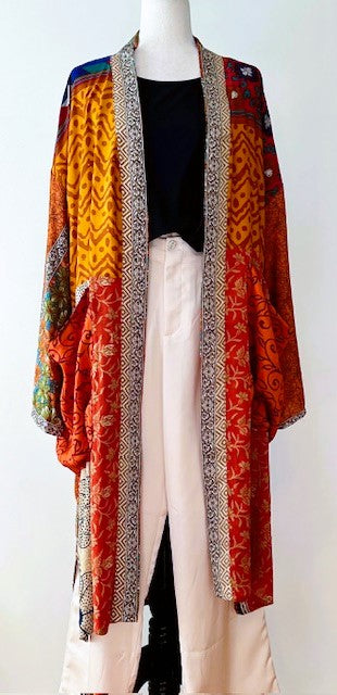 Top of the Line Silk Kimono Duster, Abstract Mixed Print (Red)