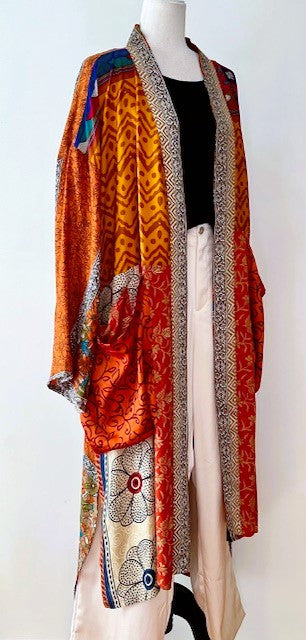 Top of the Line Silk Kimono Duster, Abstract Mixed Print (Red)