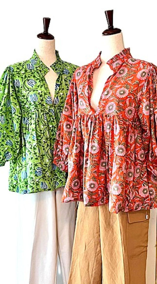 Smart Block Printed Cotton Top,  Flattering  And Cool (2 Print Options)