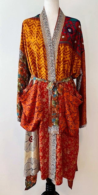 Top of the Line Silk Kimono Duster, Abstract Mixed Print (Red)