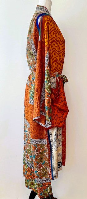 Top of the Line Silk Kimono Duster, Abstract Mixed Print (Red)