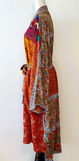 Top of the Line Silk Kimono Duster, Abstract Mixed Print (Red)