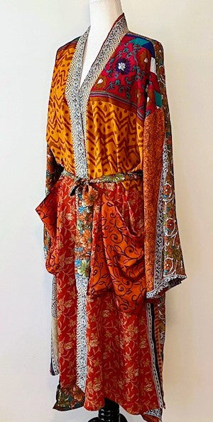 Top of the Line Silk Kimono Duster, Abstract Mixed Print (Red)