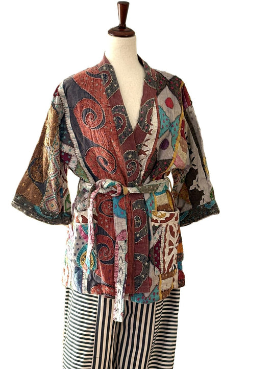Short Designer Cutwork Patchwork Kimono. Mixed Print