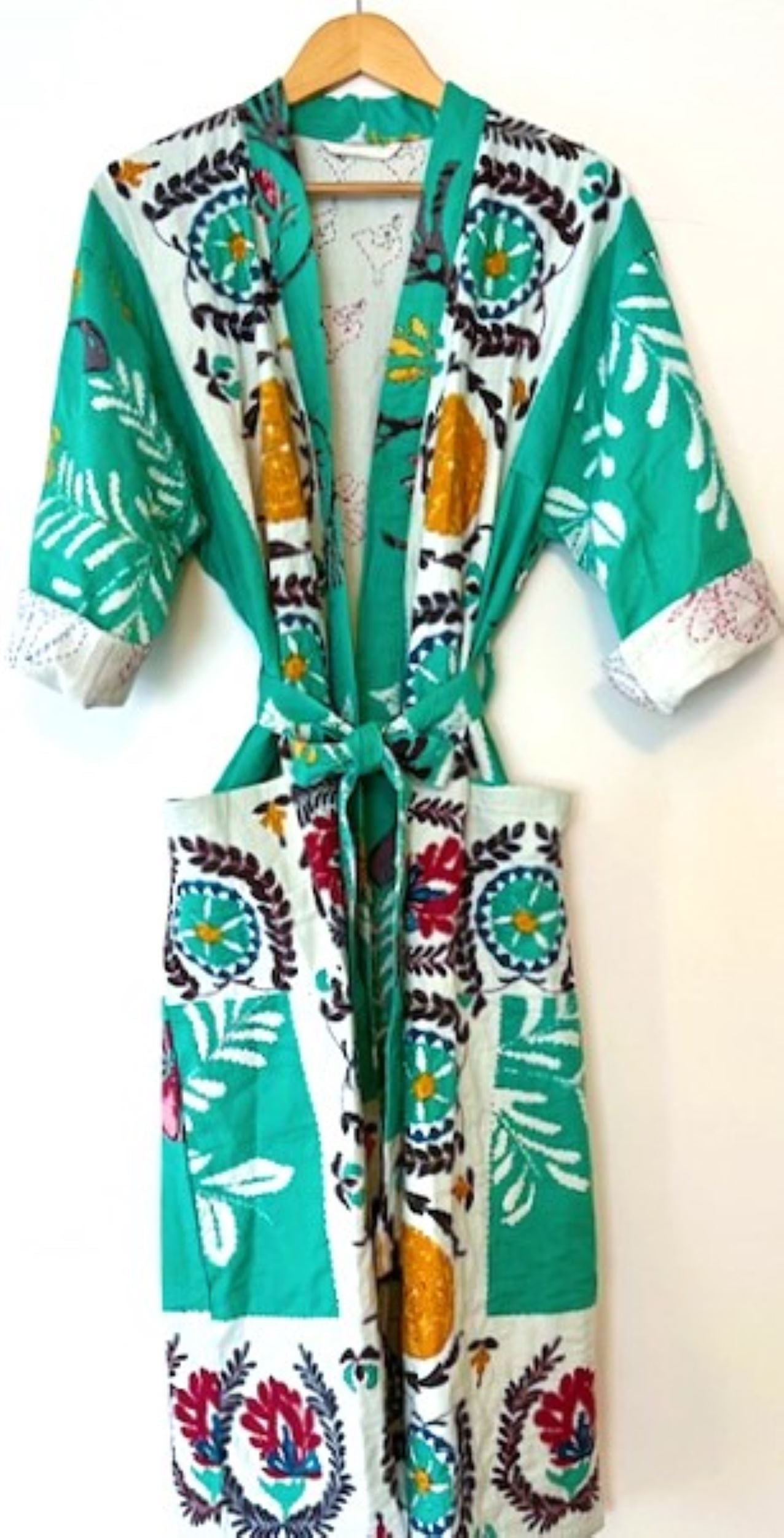 Folklorica Patchwork Midi Cotton Kimono (Mint). A Favorite.