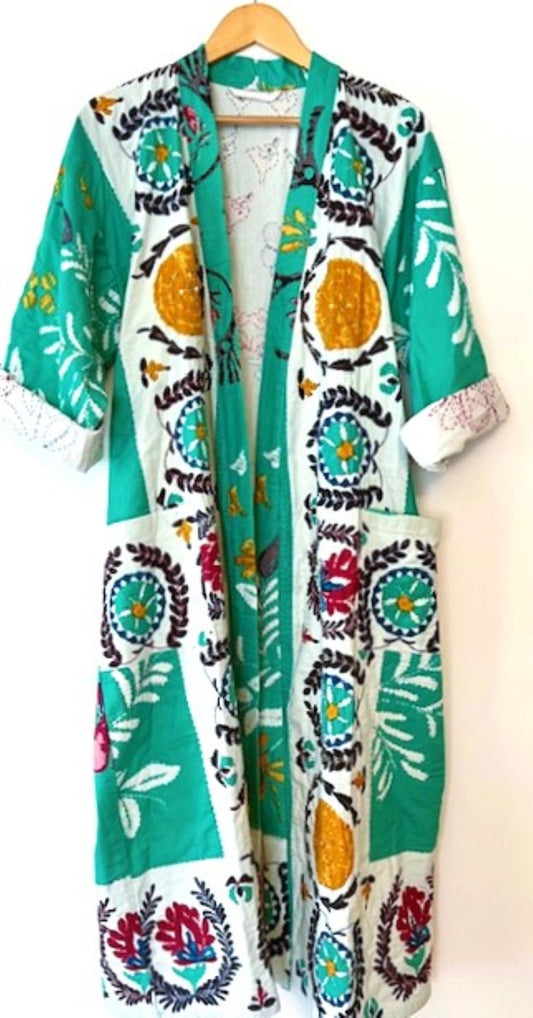 Folklorica Patchwork Midi Cotton Kimono (Mint). A Favorite.