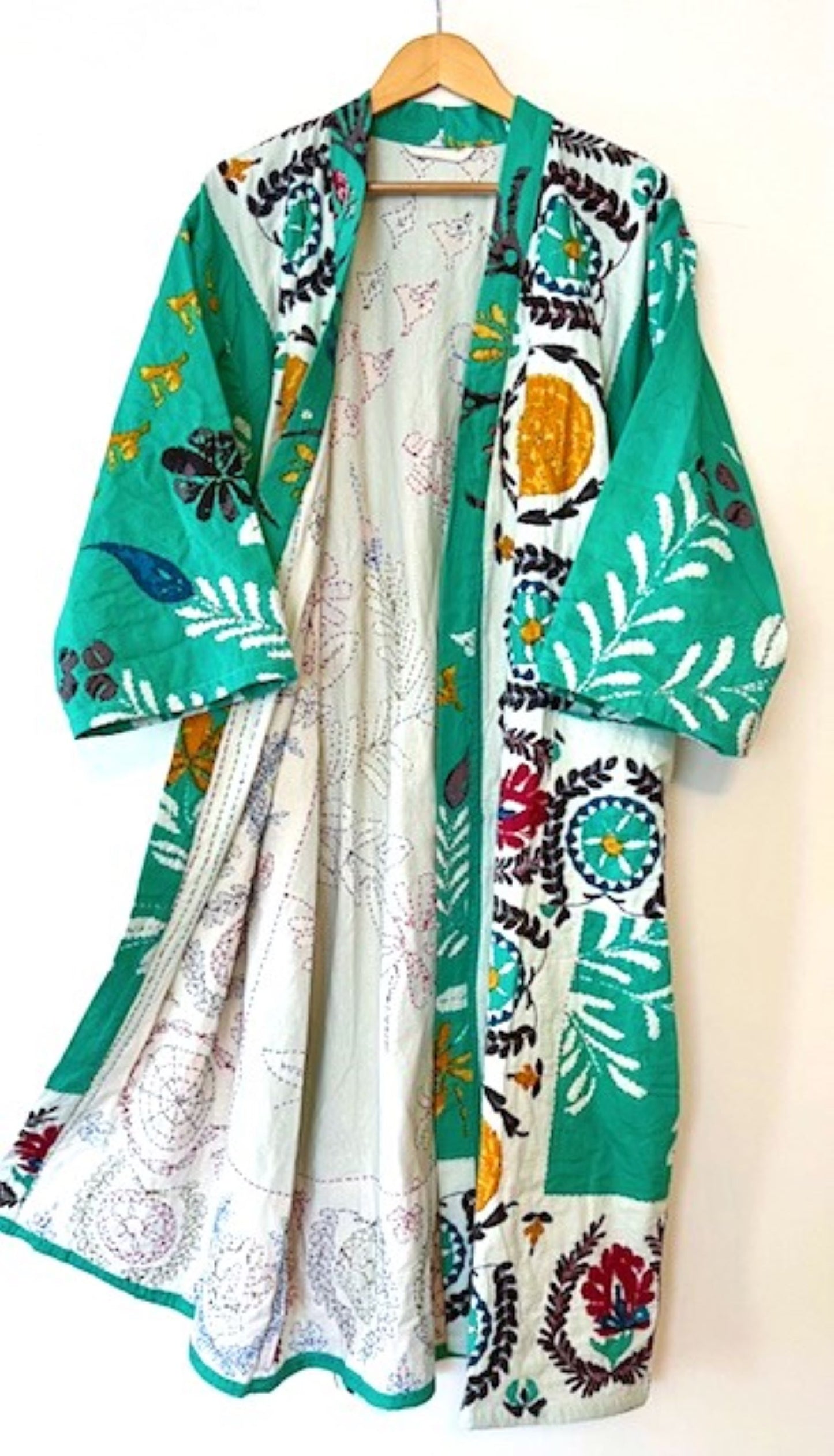 Folklorica Patchwork Midi Cotton Kimono (Mint). A Favorite.