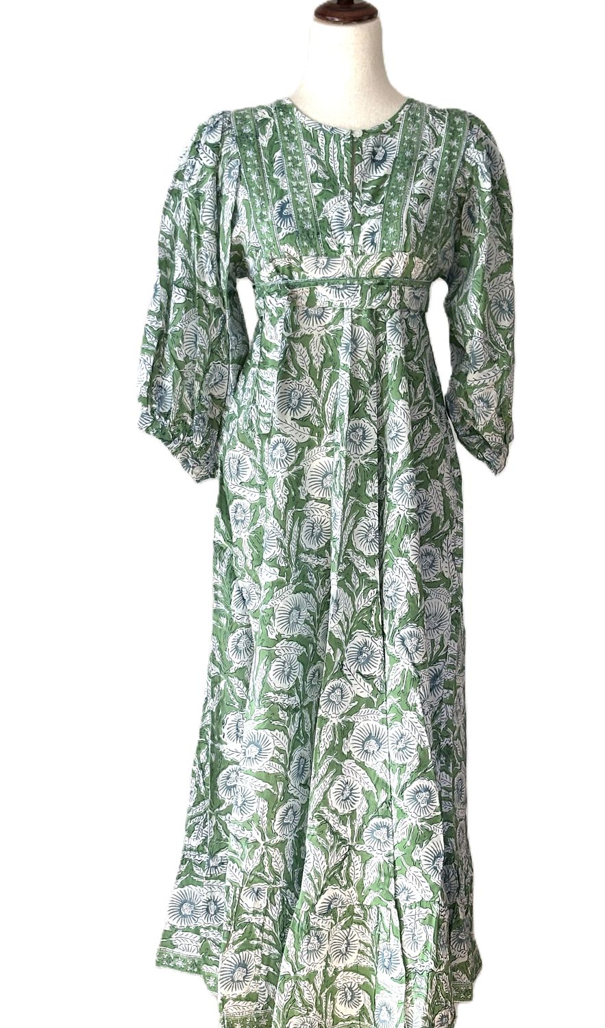 Traditional Long Cotton Maxi Dress, Floral Green & Blue