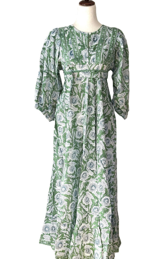 Traditional Long Cotton Maxi Dress, Floral Green & Blue