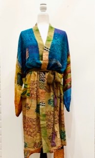 Top of the Line Silk Kimono Duster,  Rich Mixed Print (Royal)