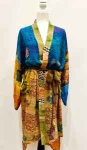 Top of the Line Silk Kimono Duster,  Rich Mixed Print (Royal)