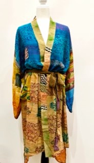 Top of the Line Silk Kimono Duster,  Rich Mixed Print (Royal)