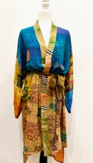 Top of the Line Silk Kimono Duster,  Rich Mixed Print (Royal)