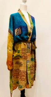 Top of the Line Silk Kimono Duster,  Rich Mixed Print (Royal)