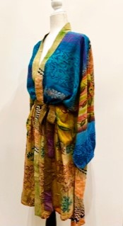 Top of the Line Silk Kimono Duster,  Rich Mixed Print (Royal)