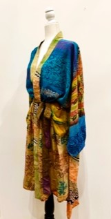 Top of the Line Silk Kimono Duster,  Rich Mixed Print (Royal)